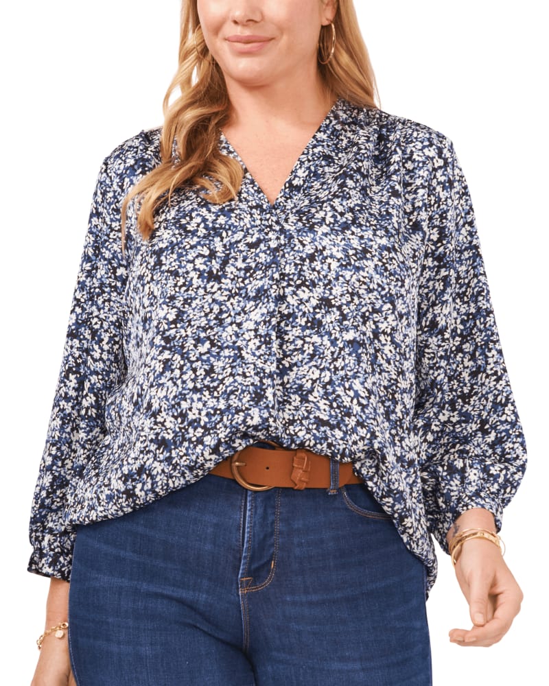 Front of a model wearing a size 1X Genesis Three Quarter Sleeve Blouse in VINTAGE BLUE by Vince Camuto. | dia_product_style_image_id:261615